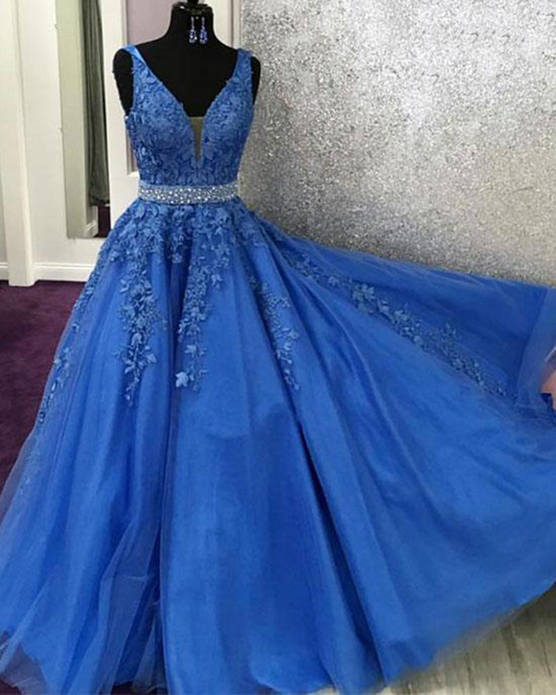 V Neck Royal Blue Lace  Graduation senior Prom dresses Long with Beading Belt