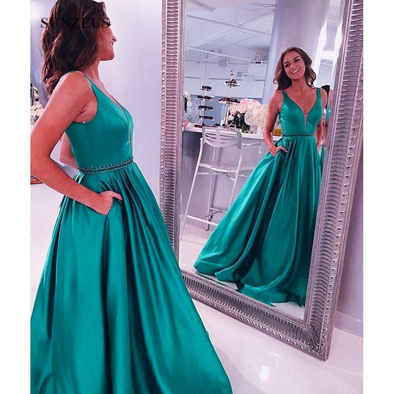 Breathtaking Blue Full Skirt Long Prom Dress with Pocket,A Line Satin Graduation Senior Formal Gowns Long