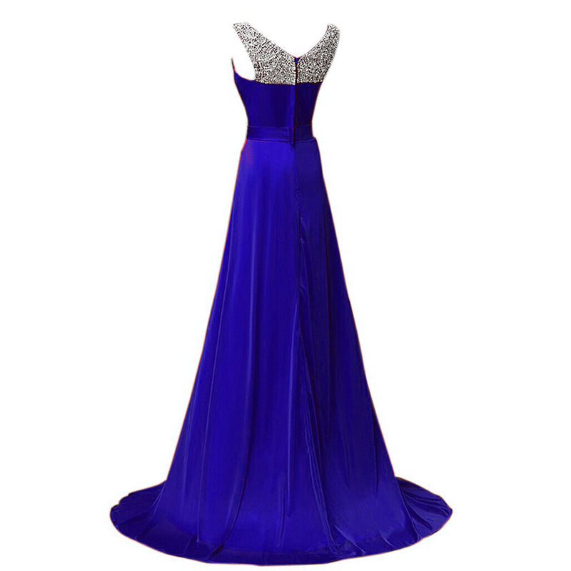 Elegant Long Evening Dresses Scoop Neck Beading Burgundy Prom Dresses