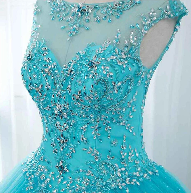 Siaoryne Glitter Sequin Crystal Turquoise Blue Cap Sleeves Ball Gown Prom Dress Sweet 15 Dress Quinceanera PL20111