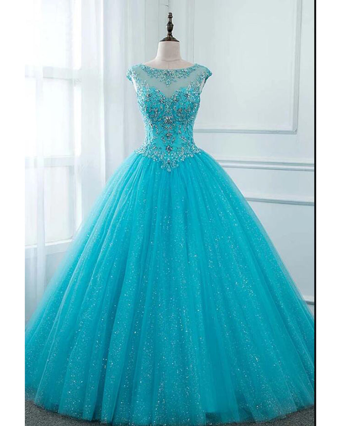 Siaoryne Glitter Sequin Crystal Turquoise Blue Cap Sleeves Ball Gown P