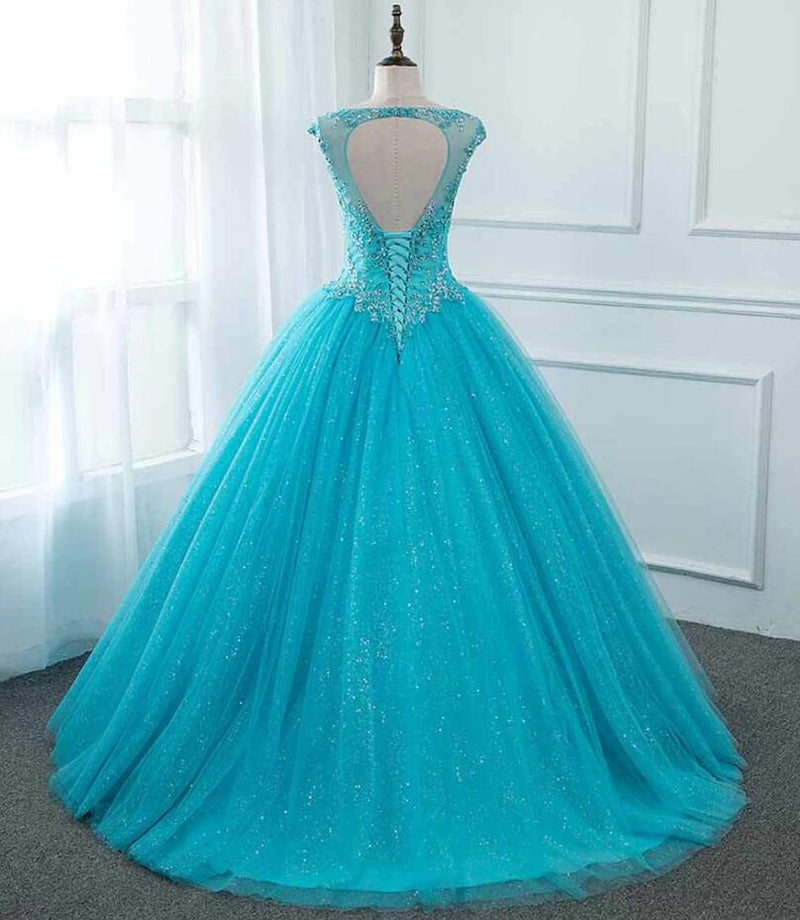 Siaoryne Glitter Sequin Crystal Turquoise Blue Cap Sleeves Ball Gown Prom Dress Sweet 15 Dress Quinceanera PL20111