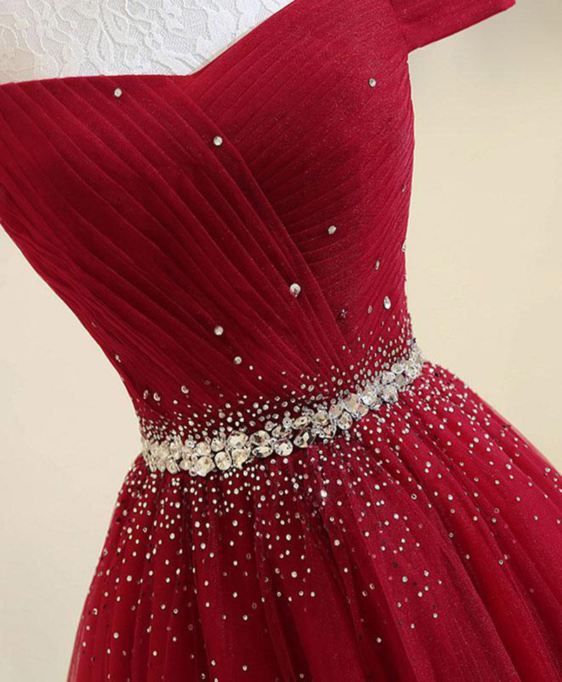 Elegant Long Prom Dresses with Sparkle Crystal Belt Off the Shoulder Wine Red/Navy Blue PL6634
