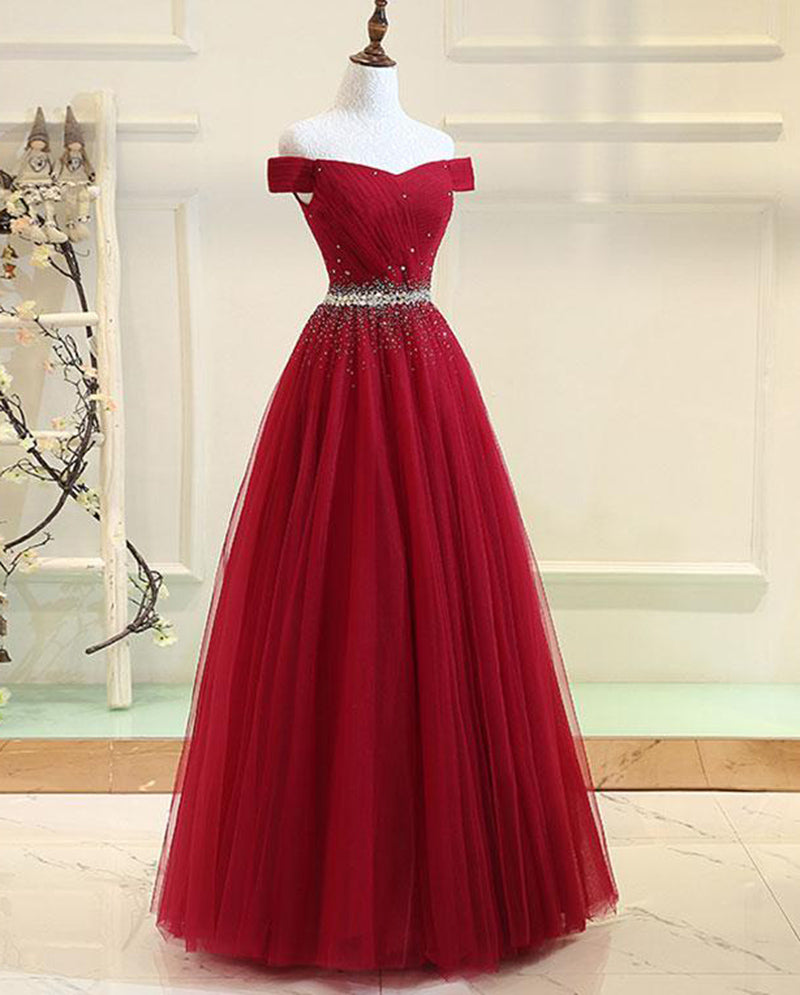 Elegant Long Prom Dresses with Sparkle Crystal Belt Off the Shoulder Wine Red/Navy Blue PL6634