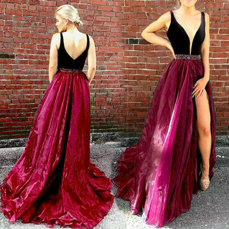 LP1254 Sexy Plunge V Neckline Velvet and Organza A Line Prom Dress Burgundy Pageant Dress Formal Gown 2018 with Slit Leg