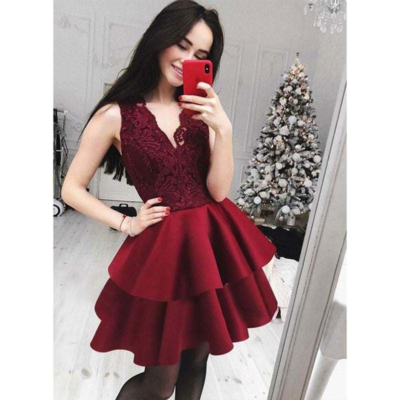 Lovely A Line V Neck Short Prom Burgundy Homecoming Dress Junior 8th grade Graduation Semi Gown SP881