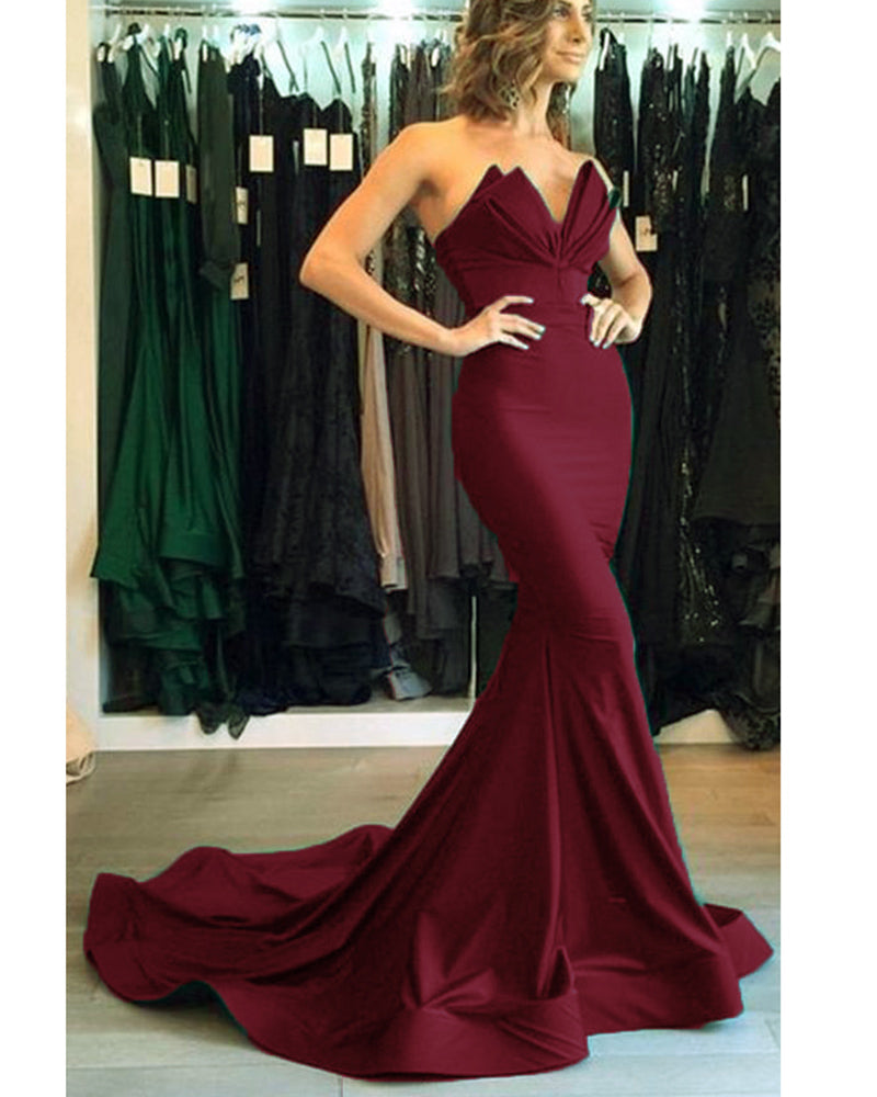 Elegant Strapless Burgundy Mermaid Evening Dresses Long Women PL221