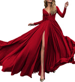 Elegant V Neck  Dark Green Flowing Long Prom Dresses with Sleeves PL2140