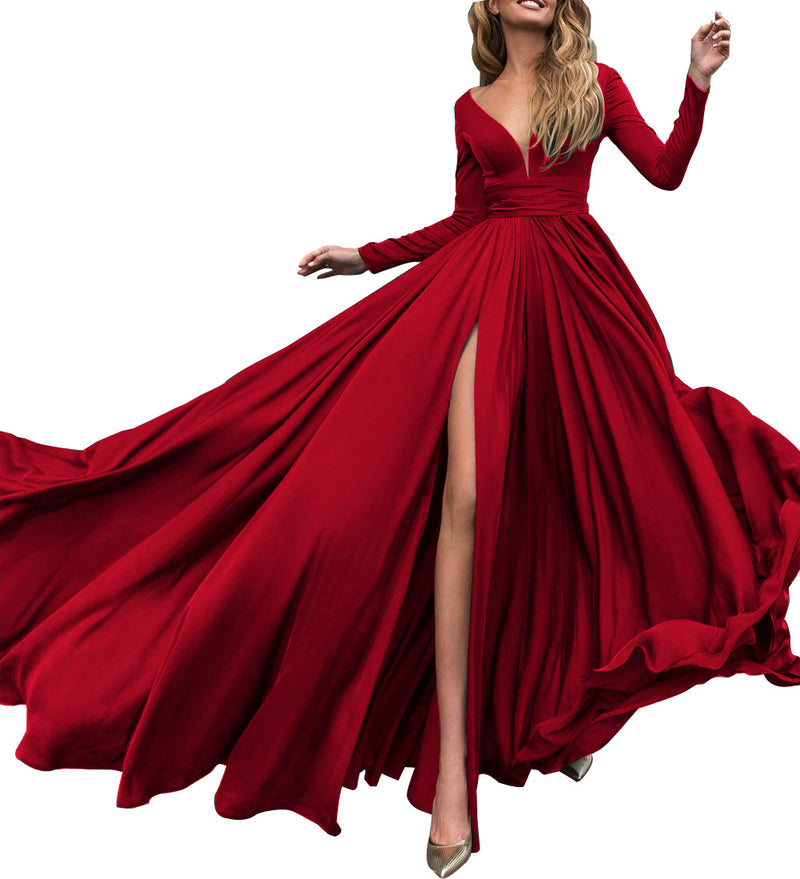 Elegant V Neck  Dark Green Flowing Long Prom Dresses with Sleeves PL2140