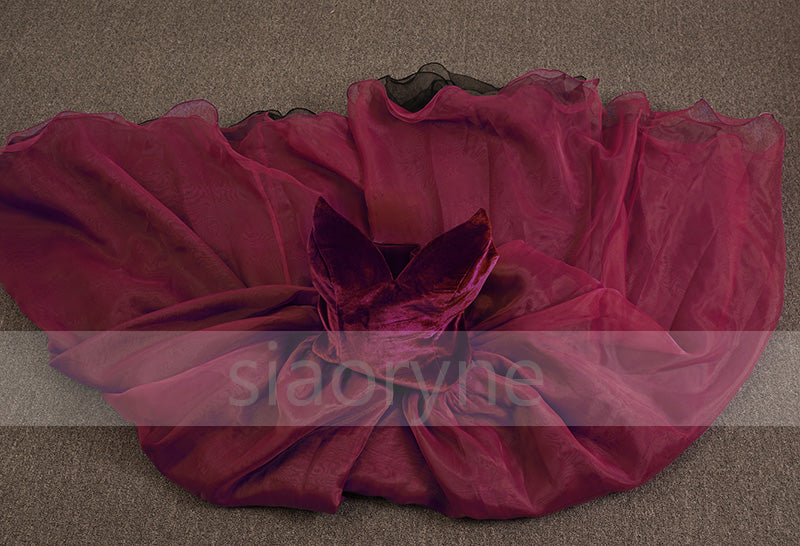 Gorgeous Burgundy A Line Long Prom Dresses Velvet Sweetheart Party Gowns,Organza Evening Formal Gown  LP852