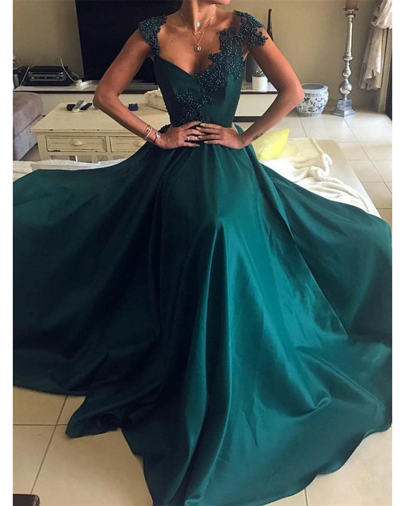 Teal Green Cap Sleeves A Line Satin Prom Party Dresses 2019 PL5521