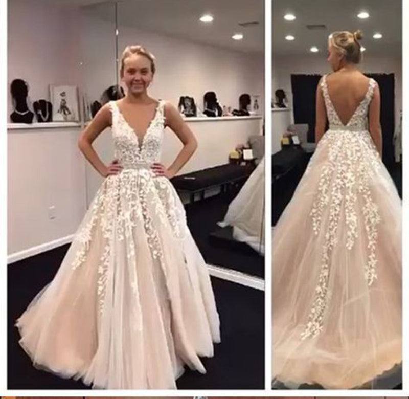 Gorgeous Girls Iovry /Blush Lace Senior Prom Dress 2021 V Neck Long Formal Graduation Party Gown with Beading Belt PL01124