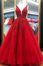Lace Red Prom Dresses Long Lace V Neck Sweet 16 Party Gown with Beading PL10729