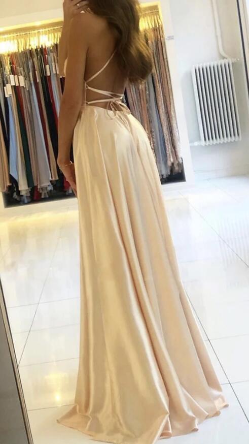 Amazing Spaghetti Straps Satin Sexy Slit Dark Green Prom Dress Long Party Gown PL1008241
