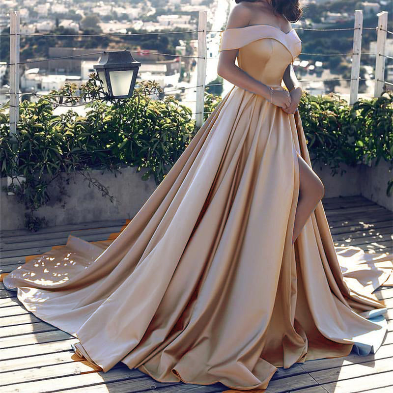 LP1258 Elegant Multi Color Long Evening Dress with Slit,Off the Shoulder Satin A Line Prom Dress 2018