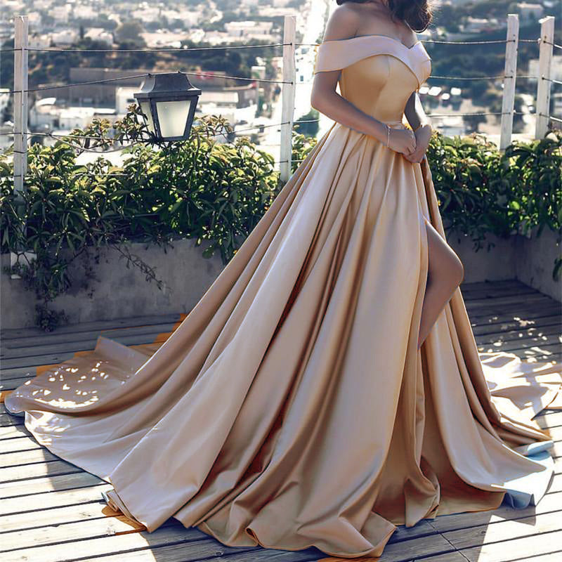 LP1258 Elegant Multi Color Long Evening Dress with Slit,Off the Shoulder Satin A Line Prom Dress 2018