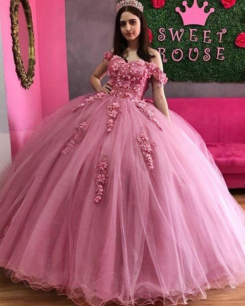 Lavender Pink Charming vestidos de 15 Quinceanera Dresses 3D Applique Puffy Skirt Lace-Up Back Sweet 16 Party Dress Long Prom Gowns PL10303