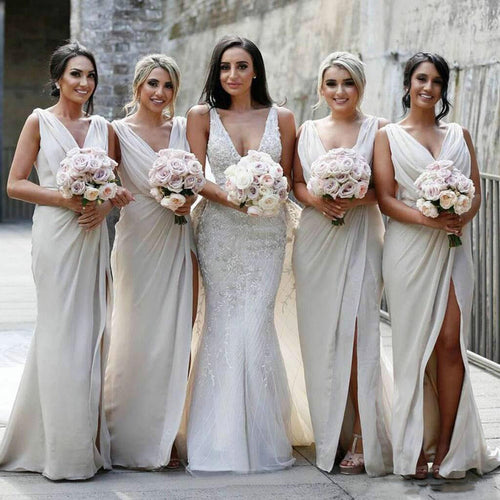 Chiffon V Neck Beige Bridesmaid Dresses Long with Slit fitted wedding parry gown PL621