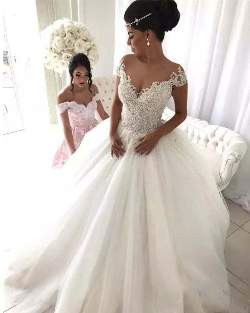 Vestido de novia con escote redondo, encaje y abalorios, para boda, WD01215 