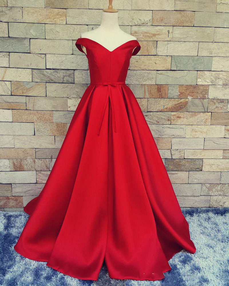 Elegant A Line Red Off the Shoulder Satin Formal Gowns Prom PL10325
