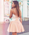 Beautiful Spaghetti Straps Coral Short Prom Dress,Cocktail Gown With Ivory Lace SP0708