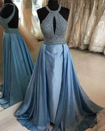Halter Light Blue Prom Dresses with Train Women Engagement Formal Wear Long with beading PL654