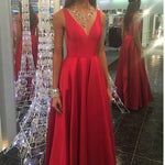 Red V Neck A Line Satin Prom Dresses 2018 Girls Graduation Gown Long Homecoming dresses