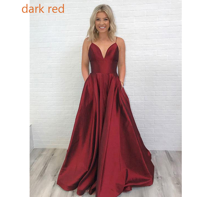 Dark Red Spaghetti Prom Dress Long Girls Graduation Gown A Line Formal Wear