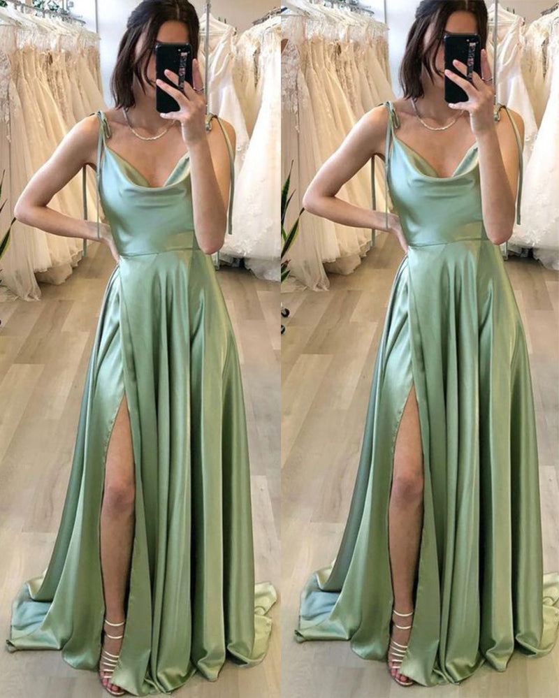 Increíble vestido de fiesta largo de satén verde 2021, vestidos de fiesta formales con abertura PL110112 