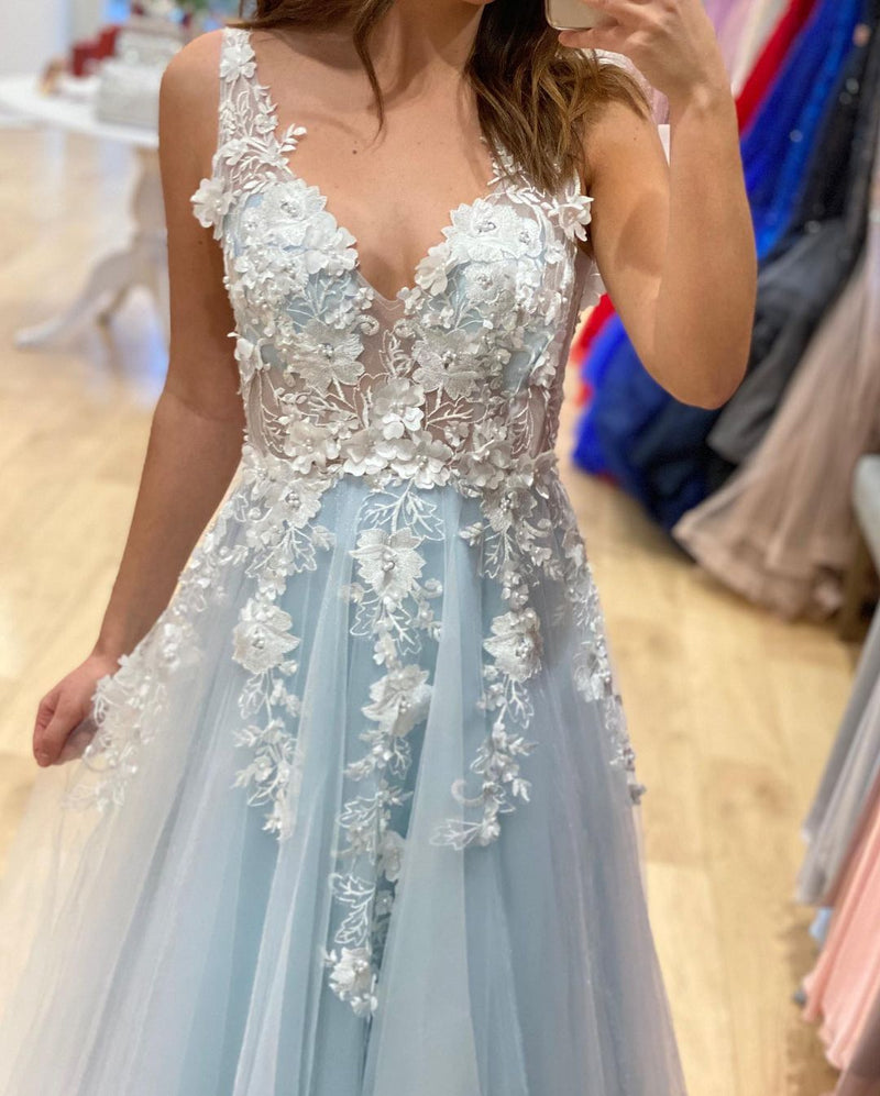 Fancy 2020 Long Baby Blue Senior Prom Dress Long Graduation Gown with Ivory Lace PL1116