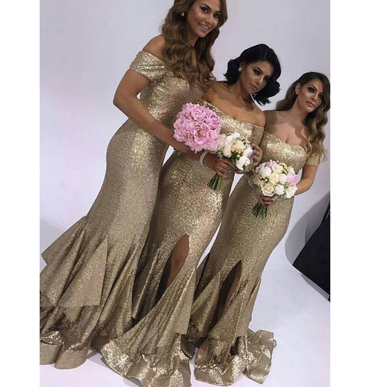 Off Shoulder Champagne sequins Bridesmaid Dress Mermaid Maid of honor Gown for Women