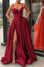 Siaoryne Burgundy A Line Satin Spaghetti Straps Women Long Evening Dresses with Slit PL2145