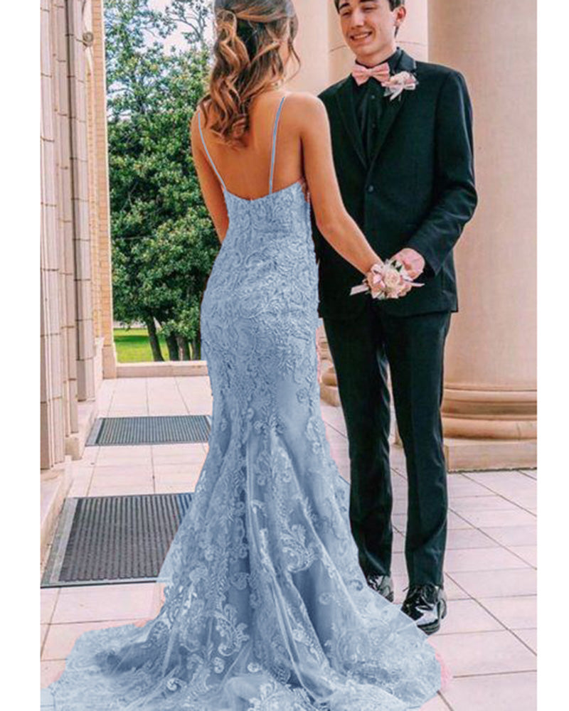 Amazing V Neck Senior Girls Mermaid /Truppet Spaghetti Straps Lace Formal Prom Dress Long