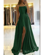 Amazing Spaghetti Straps Satin Sexy Slit Dark Green Prom Dress Long Party Gown PL1008241