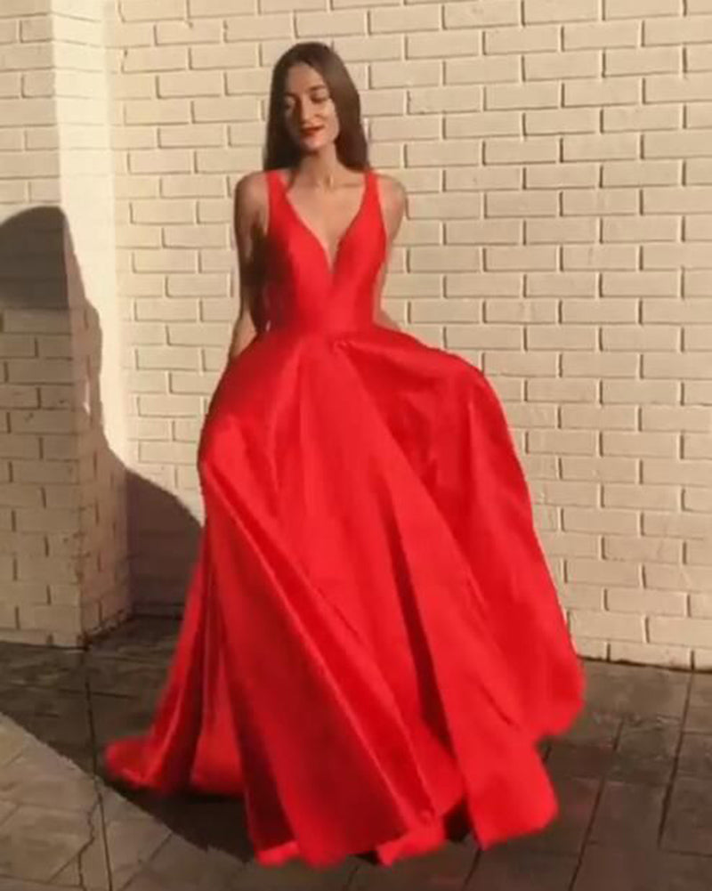Elegant Red Deep V Neck Formal Party Dress 2022  Long Prom Gown PL01127