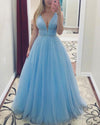 Baby Blue Luxury Fully  Beaded Long Prom Dresses Long Graduation Gown