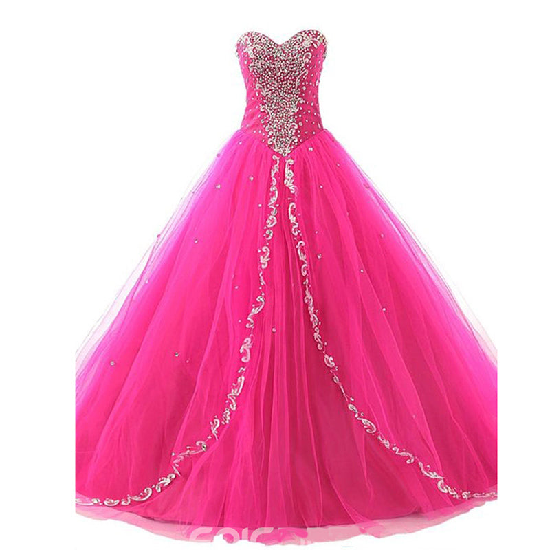 Fuchsia Sweetheart Masquerade Gown Ball Gown Tulle Prom Dresses with Beading Crystal Quinceanera Dress