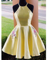 Lovely Embroidery Yellow Halter Short Cocktail Dress Short Evening Gowns For Girls ,Homecoming Dress 2020