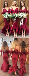 New Red Cold Shoulder Mermaid Prom Dress Tea Length Bridesmaid Dresses for Weddings LP470