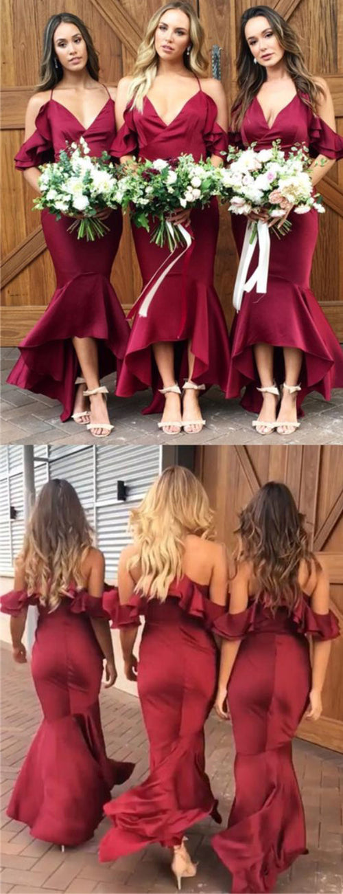 New Red Cold Shoulder Mermaid Prom Dress Tea Length Bridesmaid Dresses for Weddings LP470