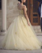 Pastel Yellow Lace Ball Gowns Party Prom Formal Debutante Dress For Gilrs PL07082