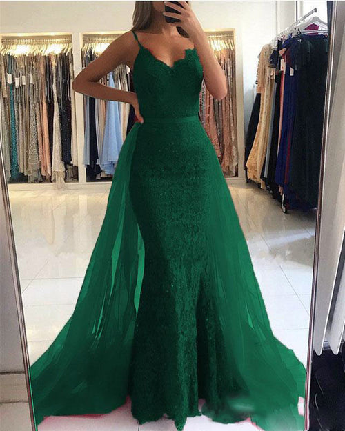 Red Spaghetti Straps Lace Mermaid Lace Prom Gown Pageant Dresses with Detachable Train For Women PL774