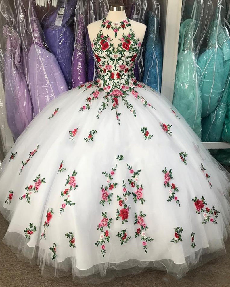 Fabulous White 3D Flowers Ball Gown Quinceanera Dresses Vestidos 15 Anos PL0706