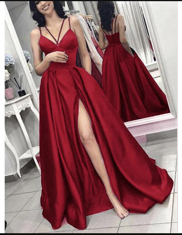 Elegant A Line Satin Long Spaghetti Straps Prom Dress Formal Evening Gowns Burgundy/Green high Slit PL97745