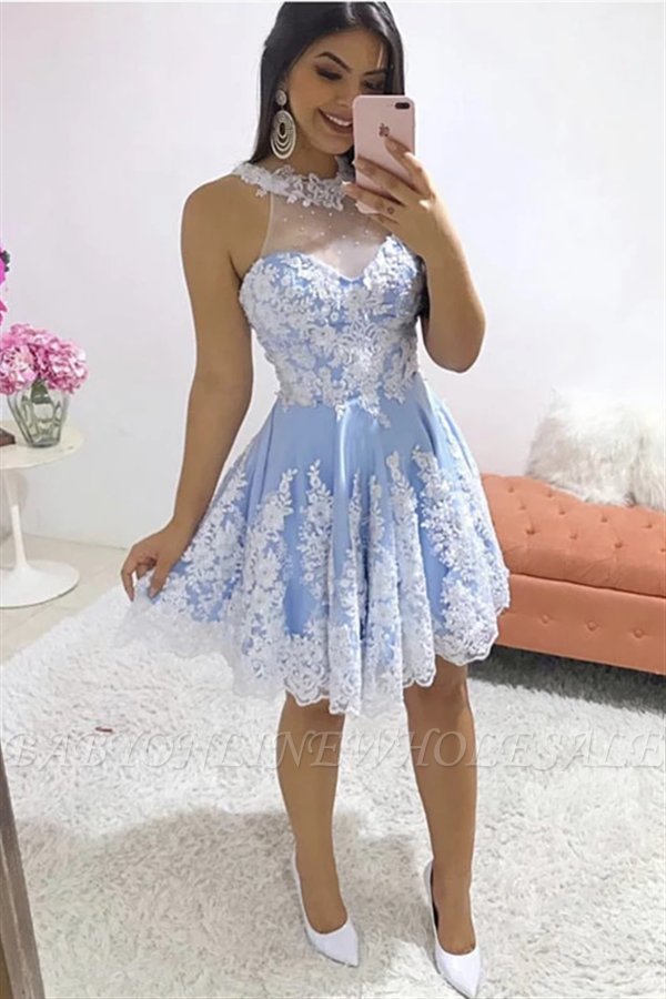 Sky Blue with Ivory Lace Short Prom Dress Scoop Neck   Short Graduation Dress SP11022