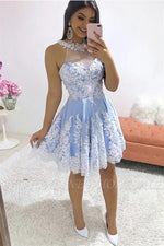 Sky Blue with Ivory Lace Short Prom Dress Scoop Neck   Short Graduation Dress SP11022