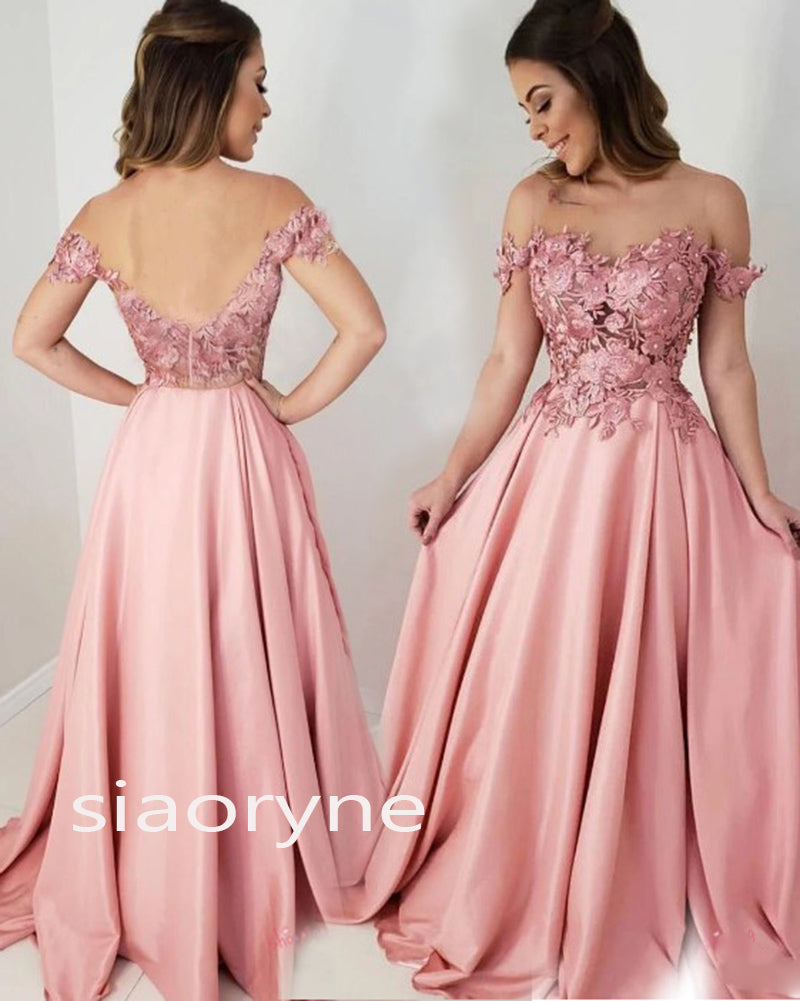 Siaoryne Off the shoulder Pink Lace Flowers Senior Girls Formal Prom Dress Evening Party PL322