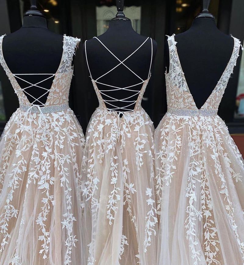 Romantic Nude /Ivory Lace  Wedding Dresses ,Short Train Robe Mariage Gown WD10115