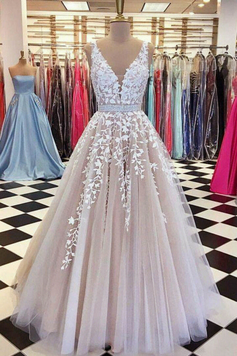Gorgeous Girls Iovry /Blush Lace Senior Prom Dress 2021 V Neck Long Formal Graduation Party Gown with Beading Belt PL01124