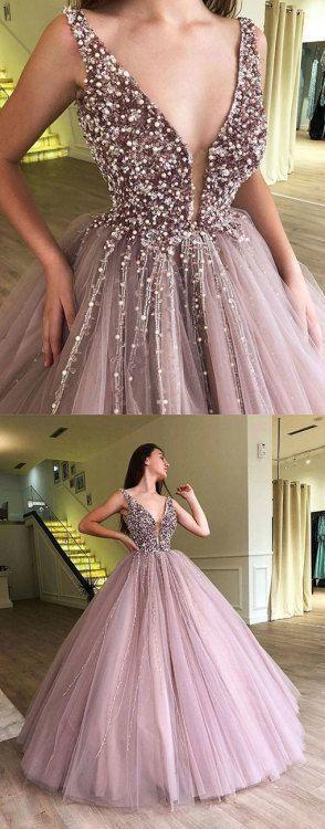 Ball Gown Prom Dress with Lace Beading Sexy V Neck women Formal Gown 2019 PL3285